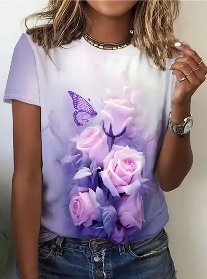 

Women's T-Shirt Purple Flowers Print Summer Casual Round Neck Short Sleeve Top Outdoor Fashion Female Oversized Clothing