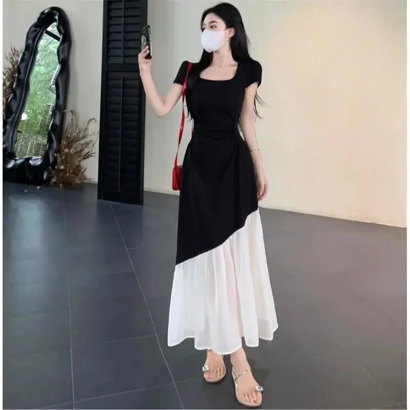 plus Size French Style Short Sleeve Dress Women's Summer Waist Cinching Slimming Patchwork Long Dress Micro plus Size Hepburn...