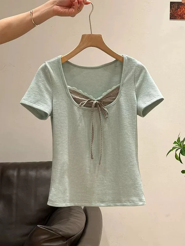 Extra Large 300 Pounds  Knot Short Sleeve T-Shirt Women Summer Versatile Slimming Ruffle Splicing Fake Two-Piece Top
