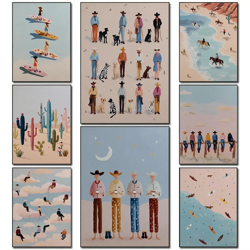Vintage Western Art Cowboy Dream Surf Desert Safari Cactus Beach Party Poster Canvas Painting Wall Art Pictures Home Decor