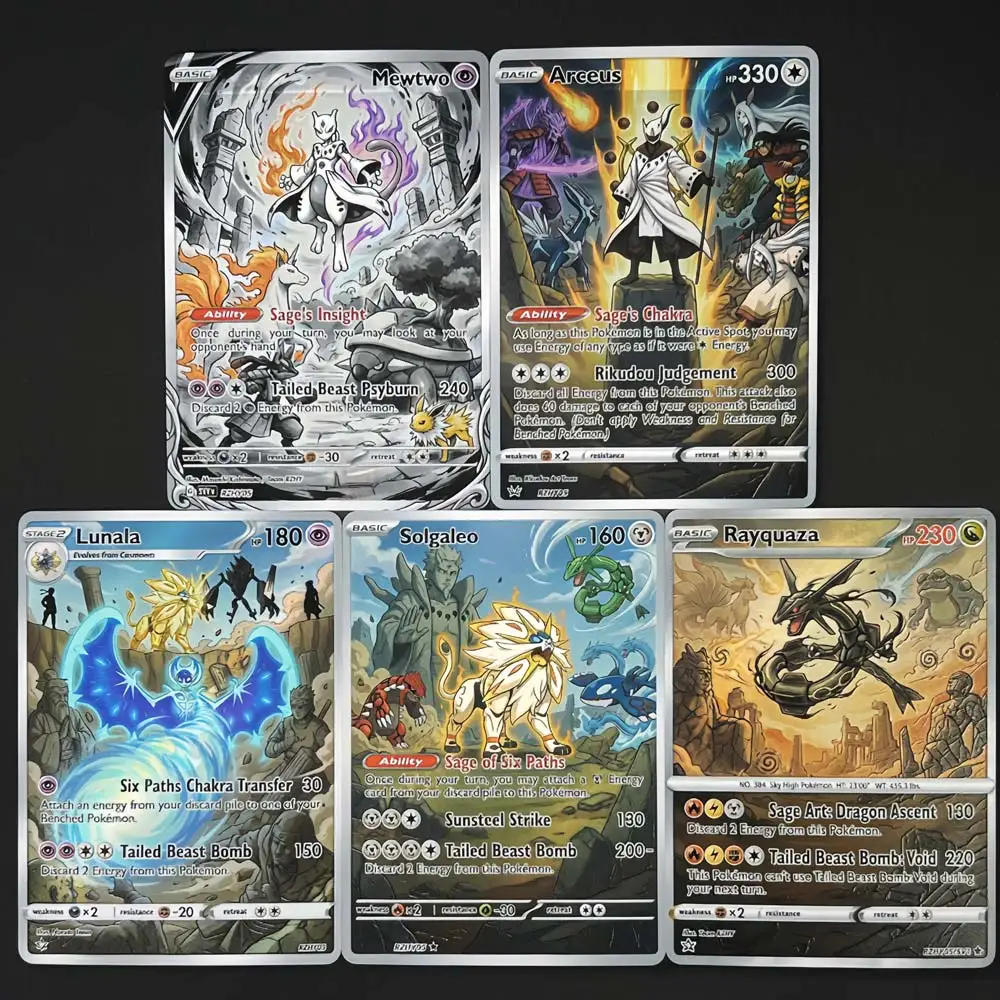 5Pcs Collectible Hobby Fan Gift TCG Present Game Card Gift For Boy Mewtwo Arceus Lunala Solgaleo Rayquaza