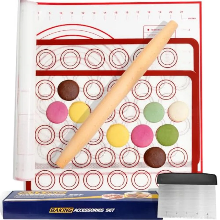 Silicone Baking Mat Sets, Dough Mat with Macaron Baking Mat Pastry Cutter Rolling Pin, Food Safe Pastry Mat, Reusable Cookie Sh