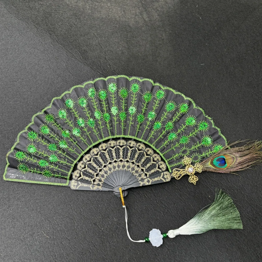 

Складной веер с черной ручкой и кружевом, длина: около 35 см, вышивка пайетками, для выступлений в стиле чонсам, 65 см, 10 цветов, веер для танцев в стиле Лолита