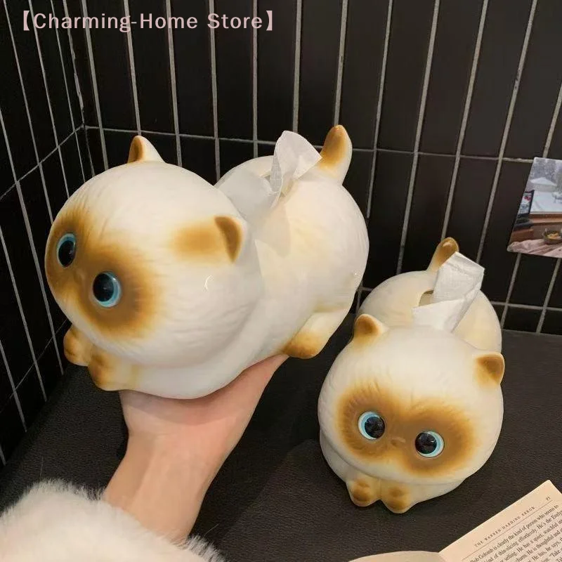 【M】Cartoon Cat Tissue Box, Living Room Desktop Ceramic Paper Box, Household High-end Ornament Creative Napkin Paper Box New