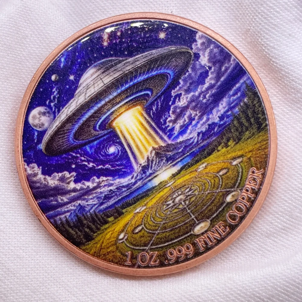 UFO Alien 1 OZ .999 Fine Copper Medal Color Relief Cosmos Planet Crop Circle Space Fantasy Collectible Copper Round Bullion