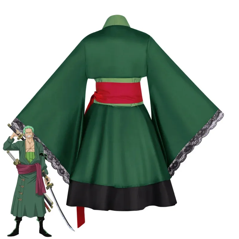 CyAnime Roronoa Zoro Косплей Костюм Wano Kuni Country Женское Зеленое Японское Кимоно Лолита Юбка Парик Женский Сексуальный Карнавальный Костюм