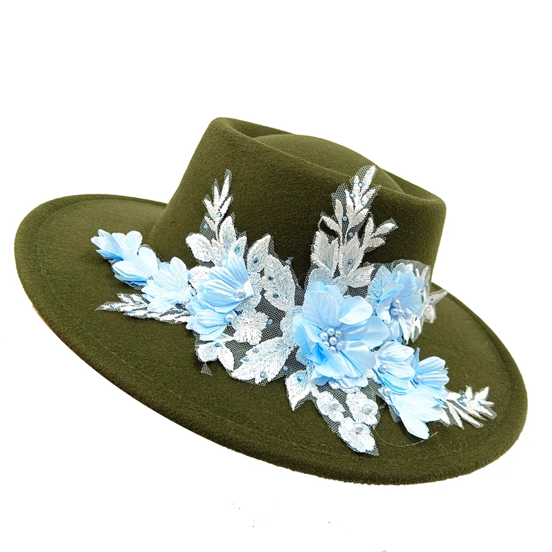 9.5cm brim embroidered three-dimensional flower Fedora women\'s jazz top hat Spring and Autumn Panama French elegant fedora hat