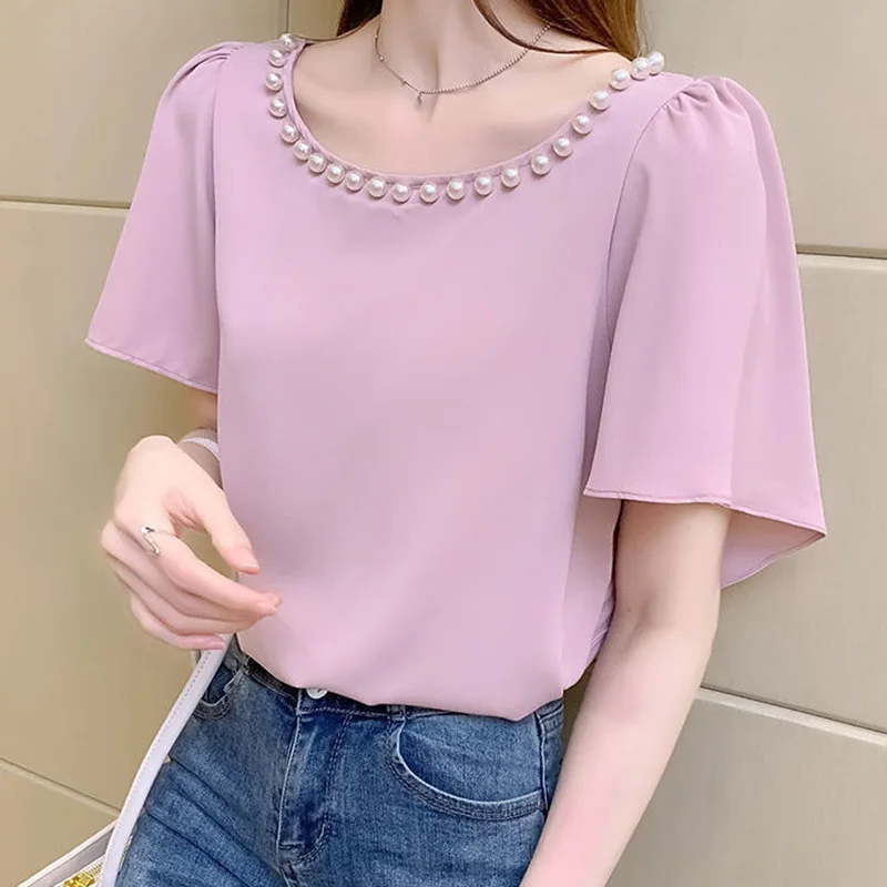 Elegant Solid Color Beading Oversized Puff Sleeve Chiffon Blouse Summer Casual Pullovers Loose Commute Women\'s Clothing Shirt