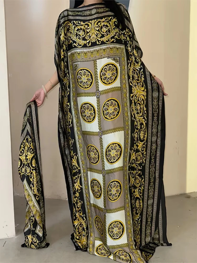 Muslim Abayas For Women 2025 New Printed Silk Soft Loose Femme Elegant Robe African Maxi Party Dresses With Belt Turban
