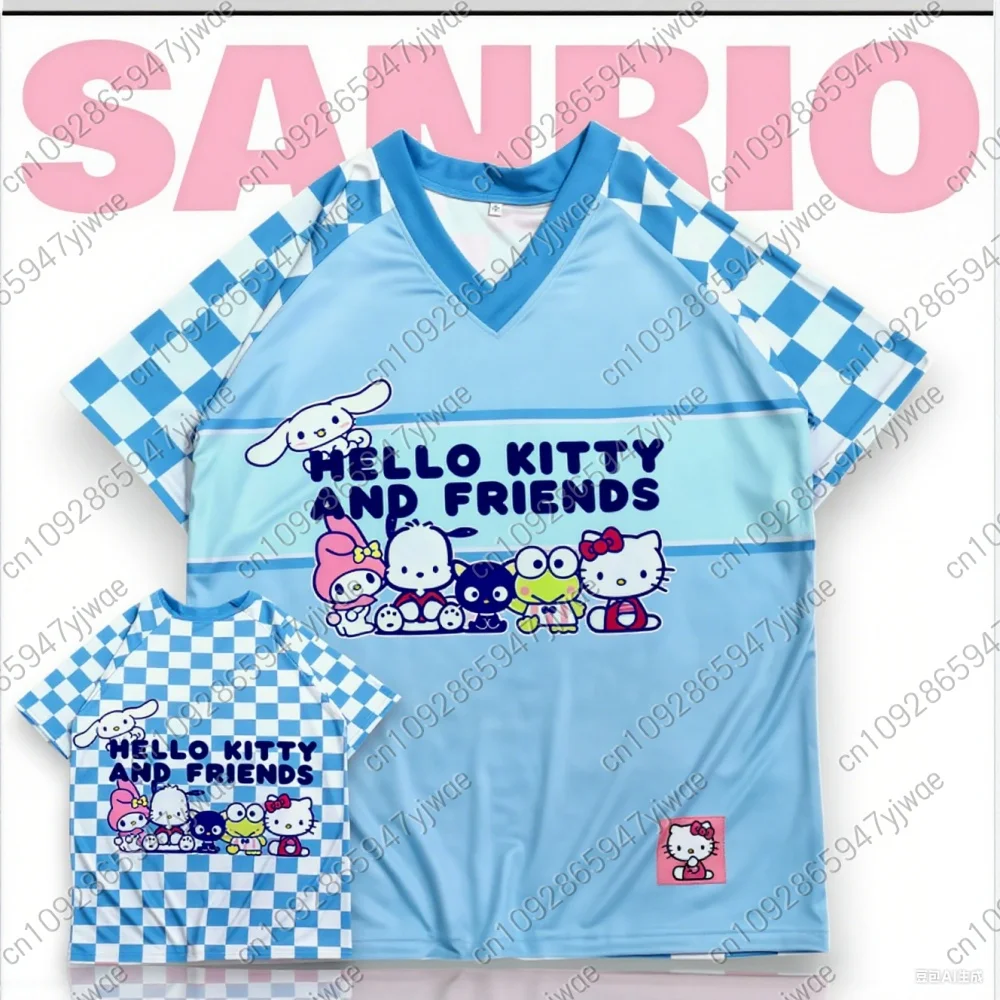 

2025 Women Pochacco HELLO KITTY Print V-Neck Short Sleeve T-Shirt Summer Tee Baseball Jerseys Stripe Oversized Sport T-Shirt