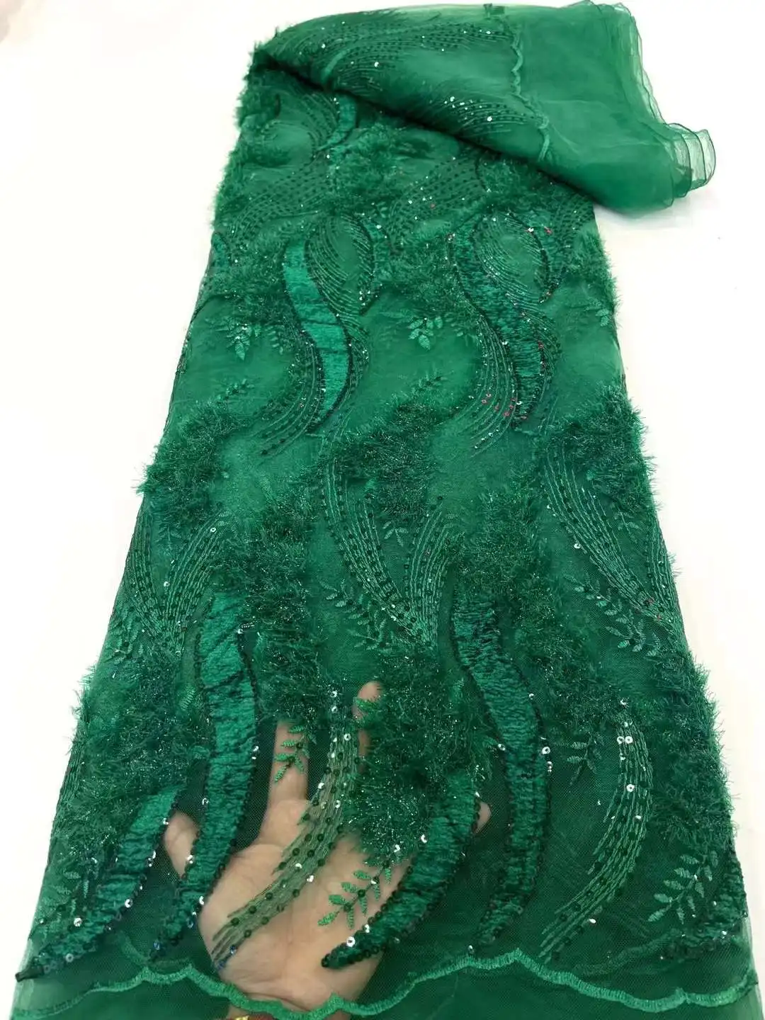 

Green Color with Sequins Hot Selling African Beads Fabric 21JRB-8804 Embroidered Tulle Mesh for Party Dress or Decoration