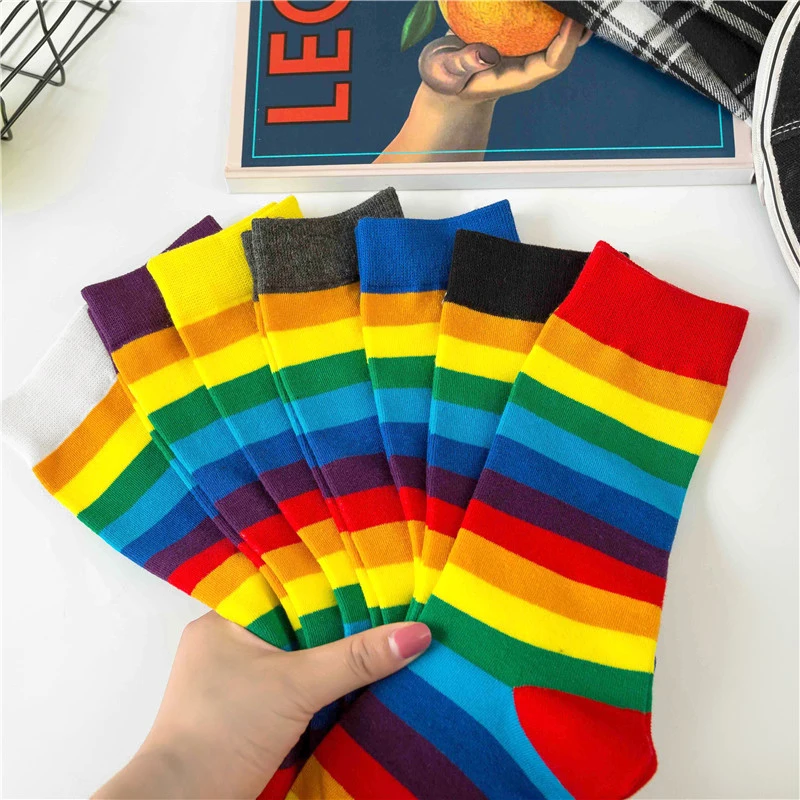 قوس قزح جوارب مخططة ملونة موضة النساء الأوسط أنبوب الجوارب الطويلة العصرية كاندي الألوان تنفس القطن جوارب رياضية غير رسمية جديد #5