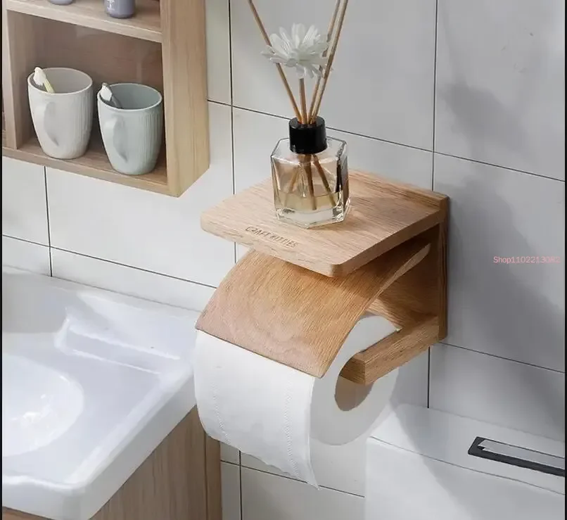 Solid Wood Tissue Holder Toilet Paper Towel Rack Wall-mounted Toilet Roll Holder Napkin Holders Tissue Box Storage Rack Shelf