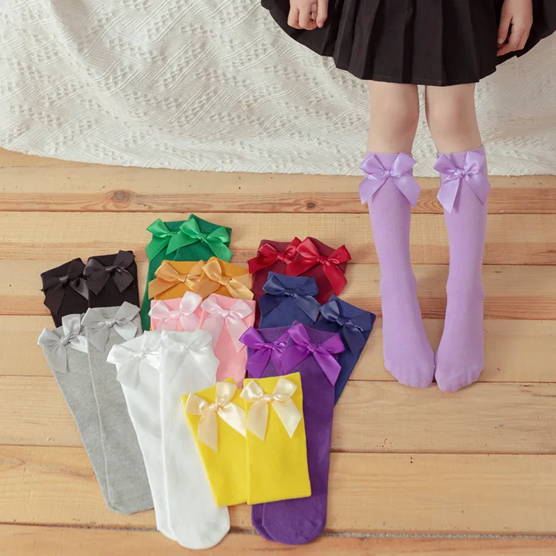 Children\'s Leg Warmers pure color bowknot Kids heap Stocking wear before and after Bow straight heelless Stockings Girl Legwarm