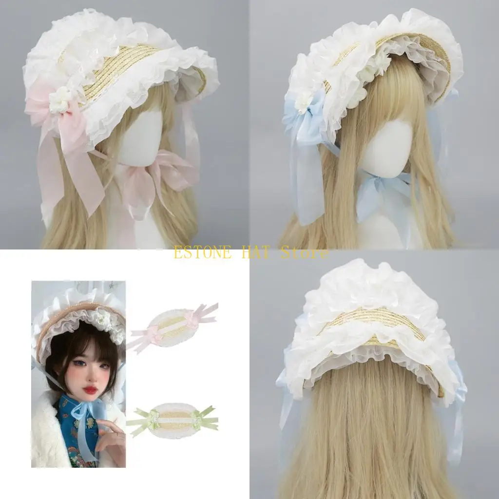 49MF Elegant Victorian Bonnet Hat Adjustable Lace Straw Sun Hat for Special Occasion