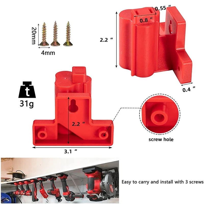 2 Packs Gereedschap Boor Mount Houder, fit Voor M12 12V Gereedschaphouder Dock Hanger Met 6 Schroeven (Rood)