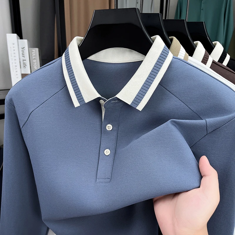 Premium silk cotton men's long sleeve polo shirt fashion decoration unique color blocking lapel T-shirt spring autumn luxury top