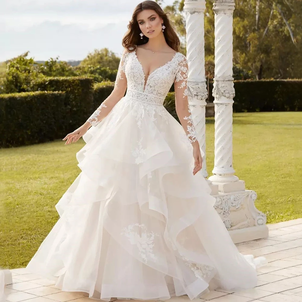 Classic Irregular Ruffles Wedding Dress V-Neck Long Sleeves Illusion Tulle Applique Bridal A-Line Floor Length Backless Gowns