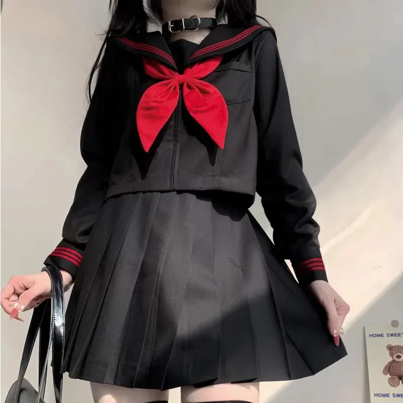 Japanese School Uniform Suit Sailor JK S-2XL Basic Cartoon Girl Navy Sailor Uniform Black sets Navy Costume Women girl costume