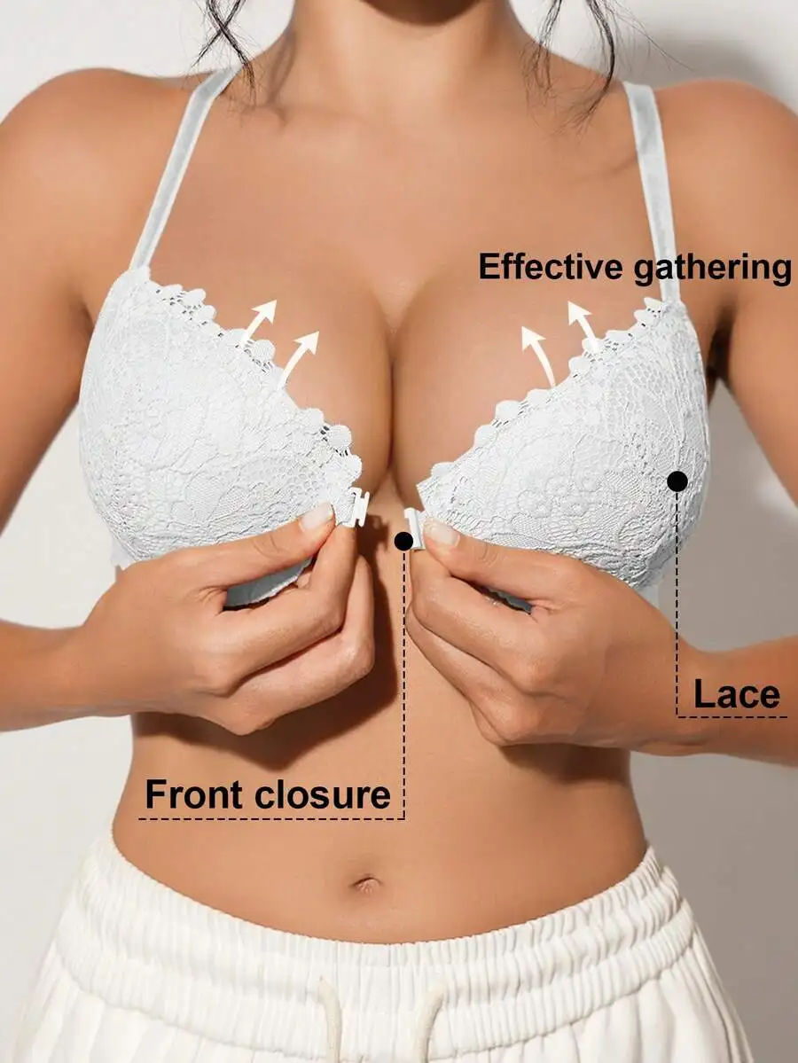 

Белый кружевной бюстгальтер с застежкой спереди и эффектом пуш-ап, дышащее и поддерживающее белье