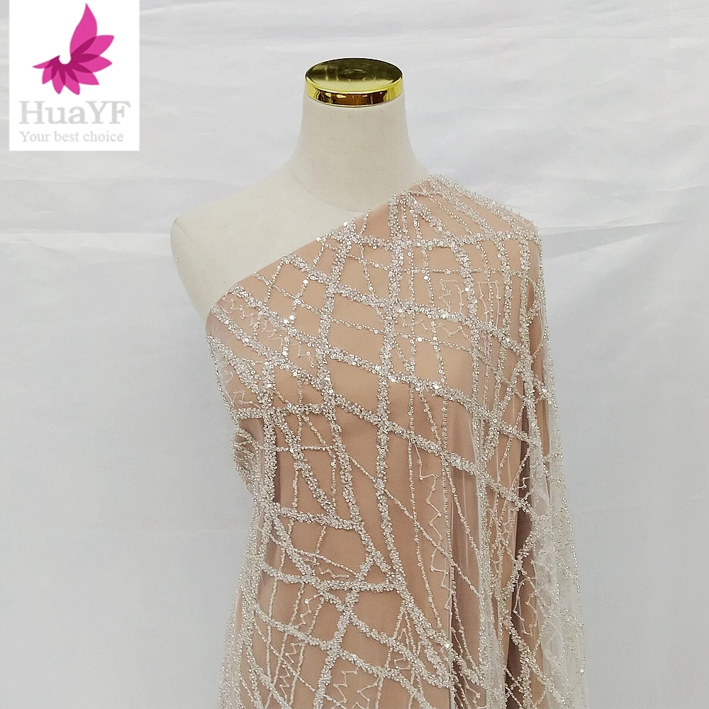 

Wholesale Nigerian Beaded Fabric Bridal Luxury Tulle Lace With Crystal Sequins Embroidery Material 5 Yards HY1937