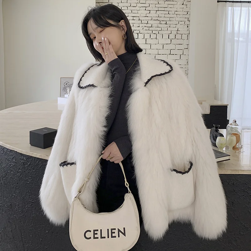 

2023 Thickened Woven Fox Fur Coat Women's Medium and Long Winter New Oversize Knit Lapel 3D Pocket Warm Real Fur Jacket Office L