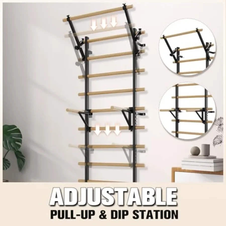 Swedish Ladder Wall Gym for home use, powder-coated steel, matte black, 9 adjustable rods for core strengthening, stretching, a