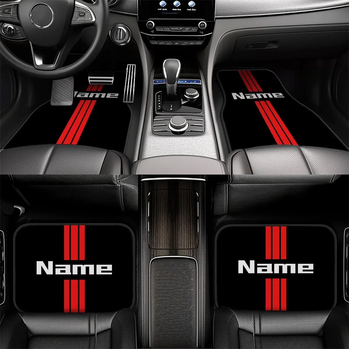 4pcs Car Floor Mats With Red Stripe Design Pattern - Exquisite Classic Backing, High-Quality Material, Fashion Style, Ideal Fo