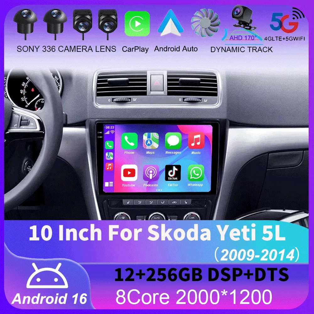 For Skoda Yeti 5L 2009 2010 2011 2012 2013 2014 10 Inch 8-Core Android 16 Car Radio Stereo with Frame Auto Apple Carplay QLED