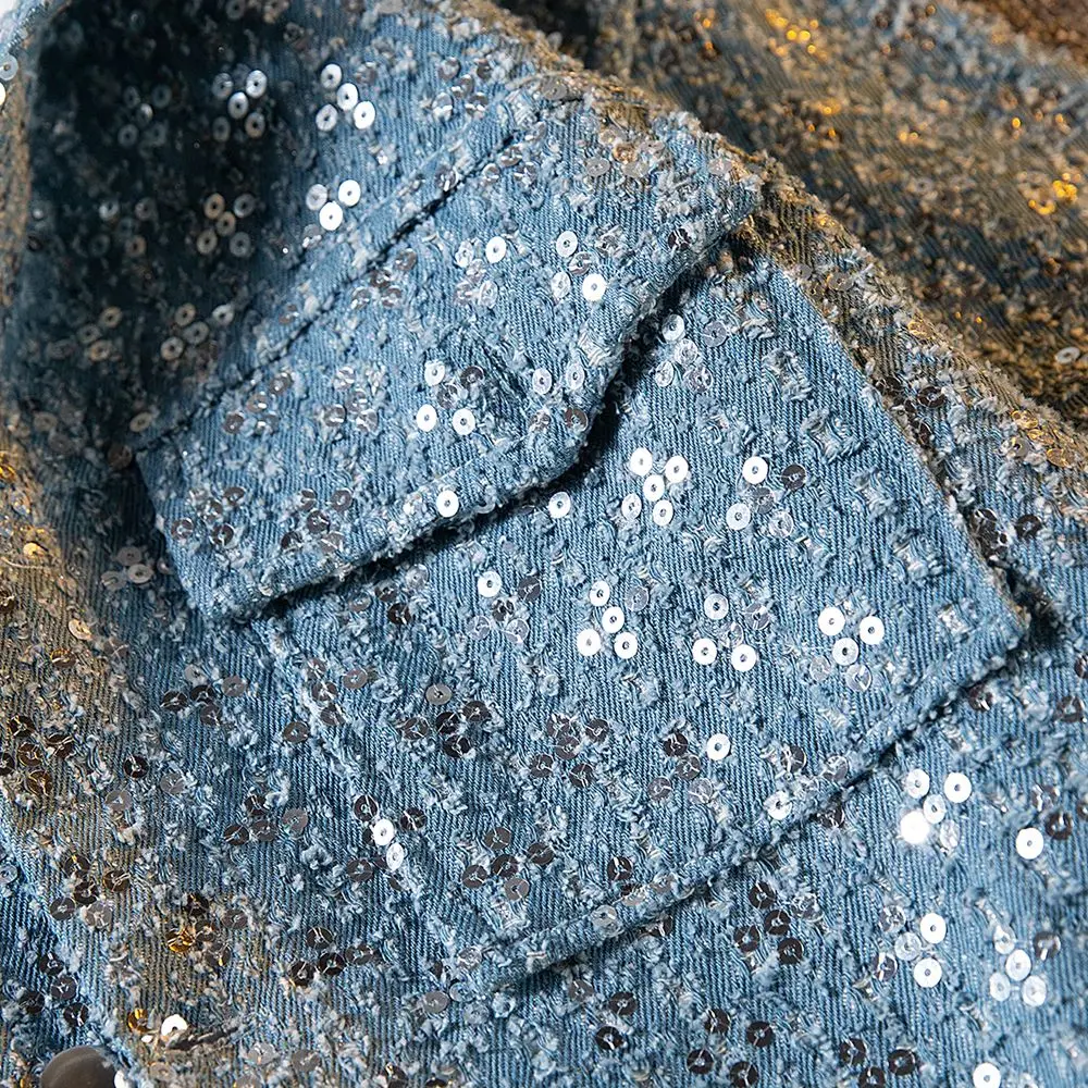 Sequin Denim Jacket Men's Luxury Streetwear Shiny Cowboy Coats Loose Casual Single-breasted Long Sleeve Spring Autumn Jacket