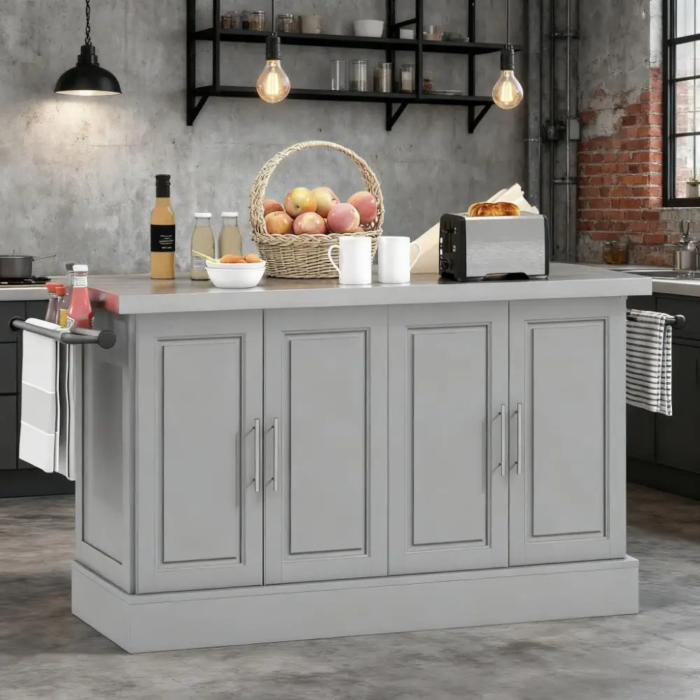 عربة جزيرة المطبخ الحديثة مقاس 57 بوصة طول × 17.75 بوصة عرض × 36.5 بوصة ارتفاع مع درجين ورف توابل وسكين ومنشفة، رمادي