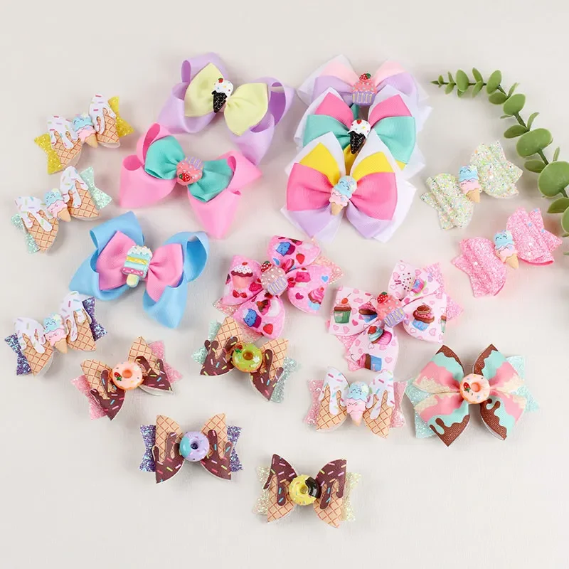 Sweet Ice Cream Hair Clips For Girls Glitter Bows Donut Hairpins Cartoon Daily School Barrettes Kids Headwear Hair Accessoires