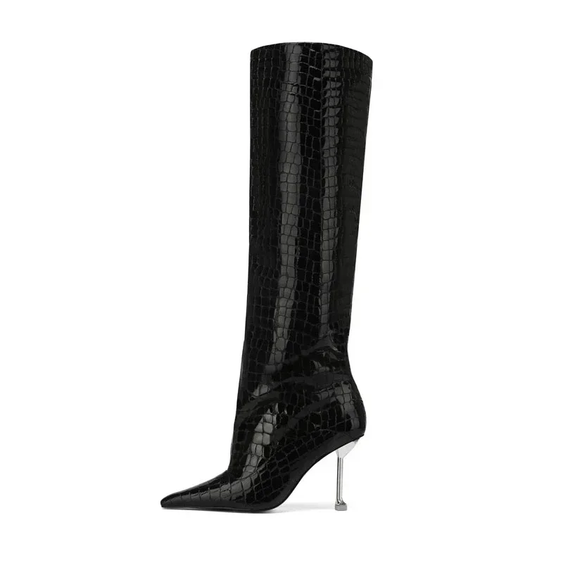 2024 Autumn Winter New Fashion Metal Heel Knee Boots for Women Europe America Sexy Pointed Slip-on Party Big Size Shoes 43 44