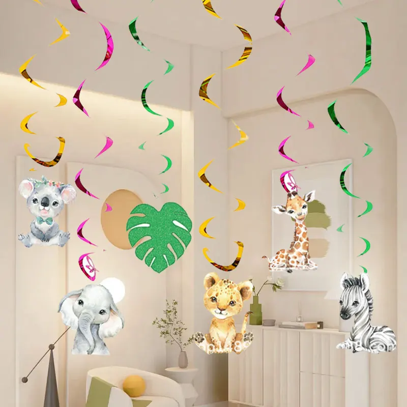 Guirnalda de remolinos colgantes de animales de la selva, 6 uds., amplia aplicación, hecho en PVC, estrella de cumpleaños, luz colgante en espiral, decoración de fondo de escena