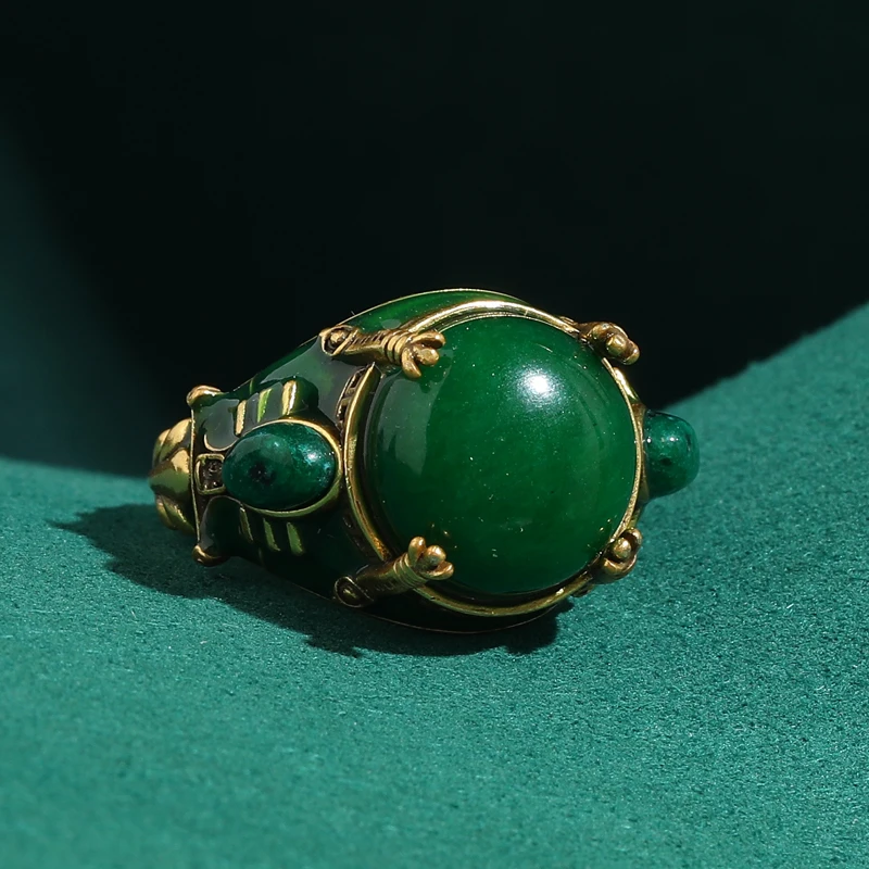 Vintage Large Round Natural Stone Green Rings Gold Color Retro Luxury Style Women For 2026 Wedding Brand Accessories New Jewelry