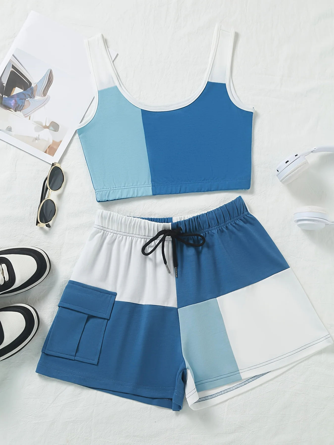 Women's Fashion Color-Block Vest and Shorts Two-Piece Set