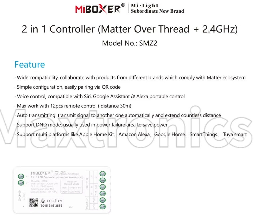 NEW Miboxer Matter Over Thread+2.4GHz 12-24V 2in1 Controller SMZ2/S1W/K5 Tuya APP WIFI Control Single/Double Color CCT LED Strip