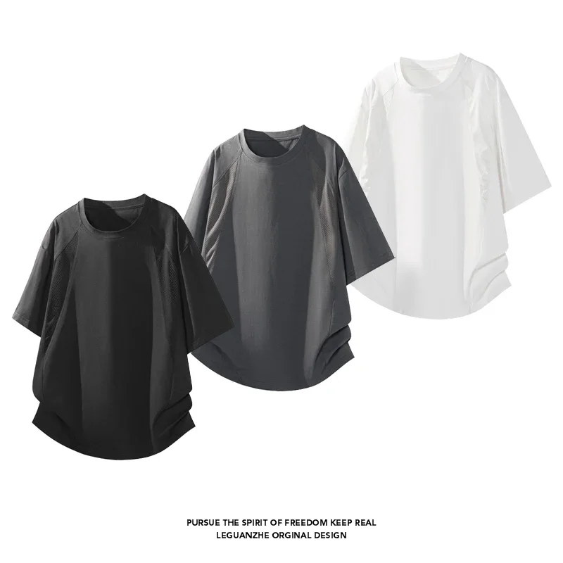 Mens Round Neck Short Sleeve Tee Side Mesh Panel Raglan Sleeve Relaxed Silhouette Lightweight Summer Streetwear T Shirt