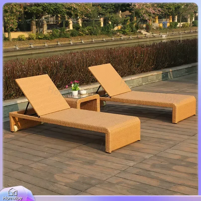 Luxury Outdoor Rattan Sun Lounger Folding Poolside Beach Wicker Chaise Lounge Chair Patio Garden Furniture Recliner Bed