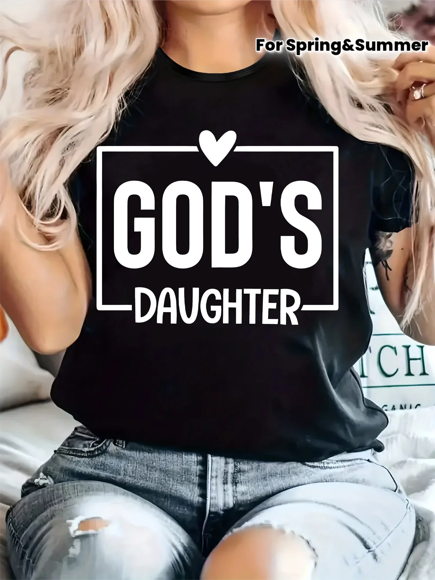 Christian Scripture Women T Shirt God Verse Summer Casual Blouse White Lettering Heart Design Church Outfit Black Faith Wear