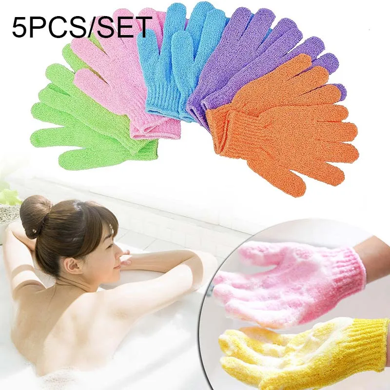 5PCS/SET Skin Bath Shower Wash Cloth Shower Scrubber Back Scrub Exfoliating Body Massage Sponge Bath Gloves Moisturizing Spa