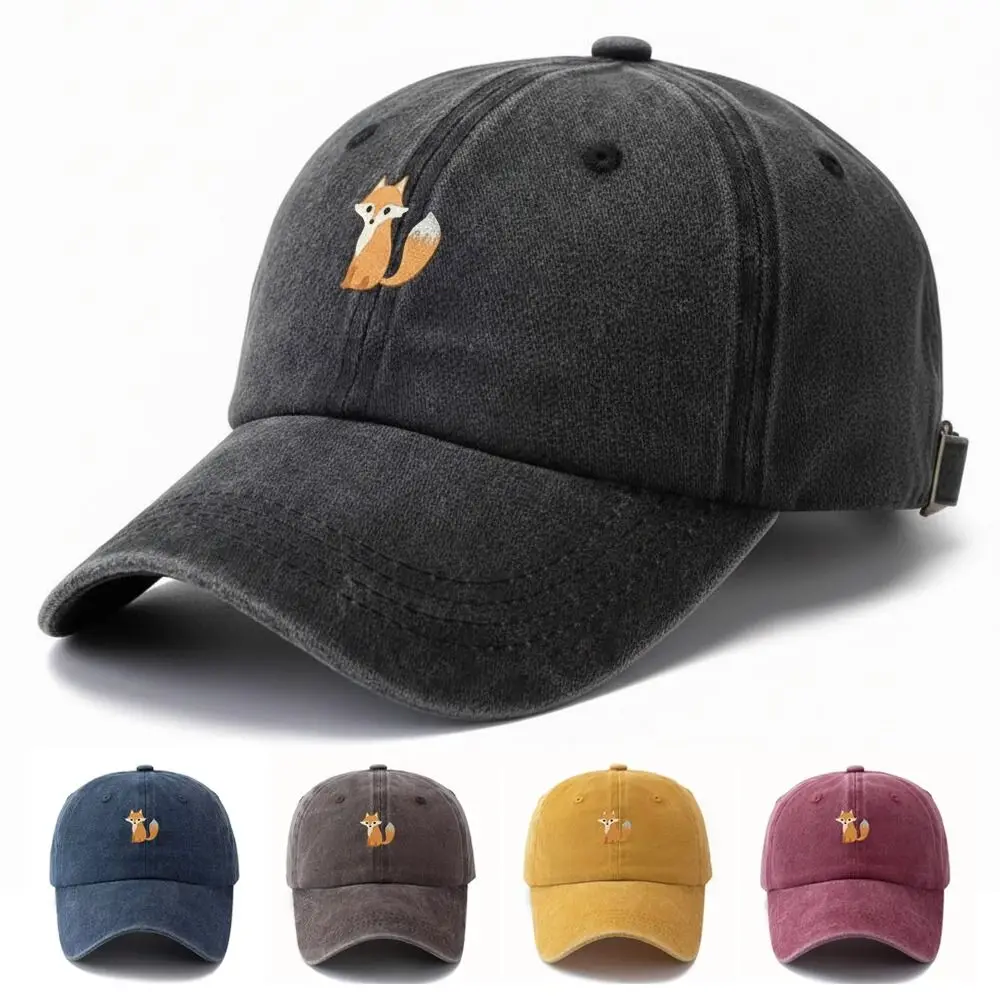 

Fox Pattern Printed Visor Baseball Cap Washed Cotton Faded Baseball Hats Outdoor Leisure Adjustable Peaked Cap