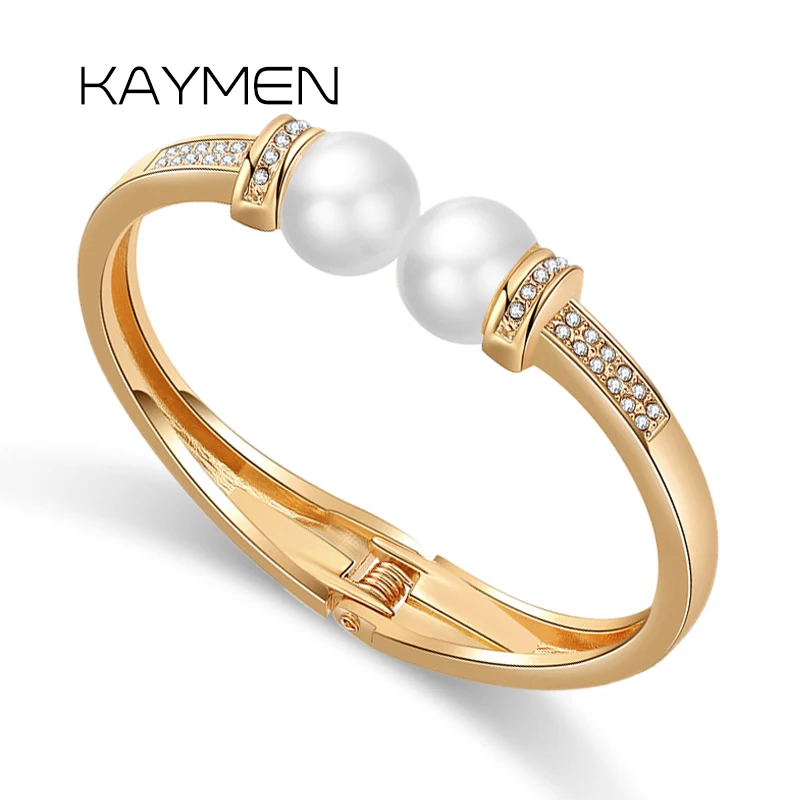 Gold Color Double Pearls Cuff Bracelets Luxury Rhinestones Bangle Fashion Jewelry for Women Party Wedding Bracelets Accessories