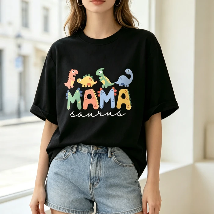 Funny Cute Mamasaurus Graphic Unisex T‑Shirt Retro Cartoon Dinosaur Tee Short Sleeve Cotton Casual Tops Gift for Mother Party