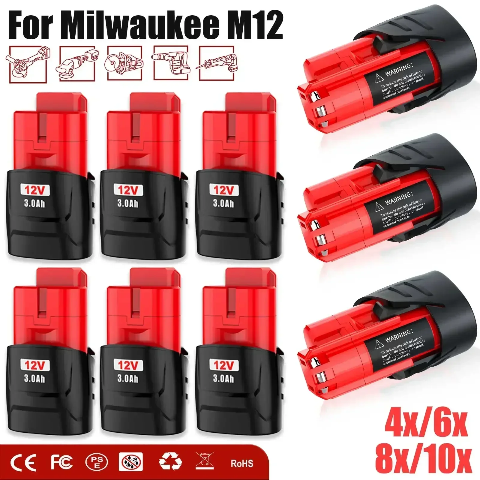 

NEW 10Pack 3000MAH For Milwaukee M12 Rechargeable Battery For 12V Cordless Tools 48-11-2402 48-11-2411 48-11-2401 MIL-12A-LI