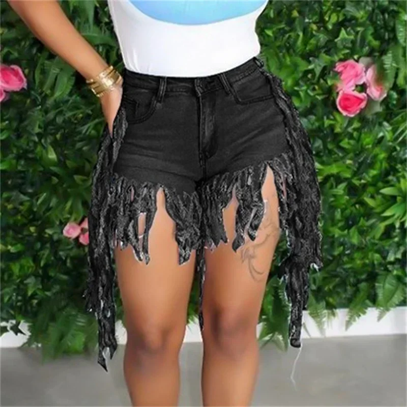 Fashion Tassel Splice Trouser Legs Denim Shorts Women High Waist Button Mini Jeans Female Casual Three Quarter Pants Streetwear