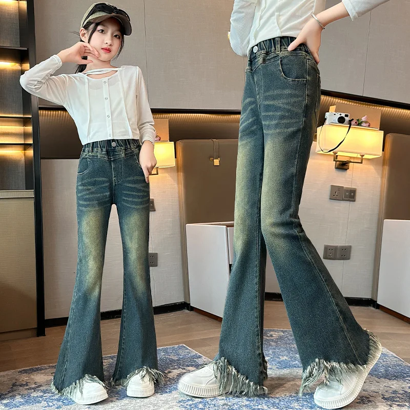 Girls' Spring Autumn Style Slimming Jeans 2024 New Korean Version Micro Flared Pants,  Gradient Washed Denim Jeans For Children