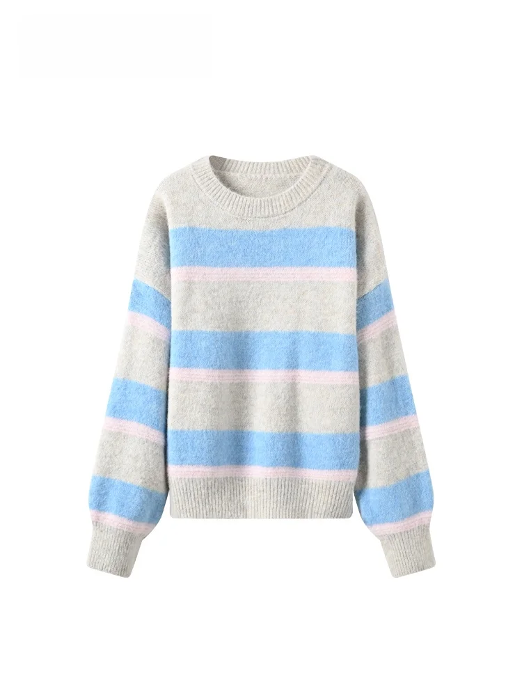 

Женский трикотаж больших размеров, длинный полосатый свитер свека, осень-зима, теплый повседневный свитер в Корейском стиле, одежда больших размеров...