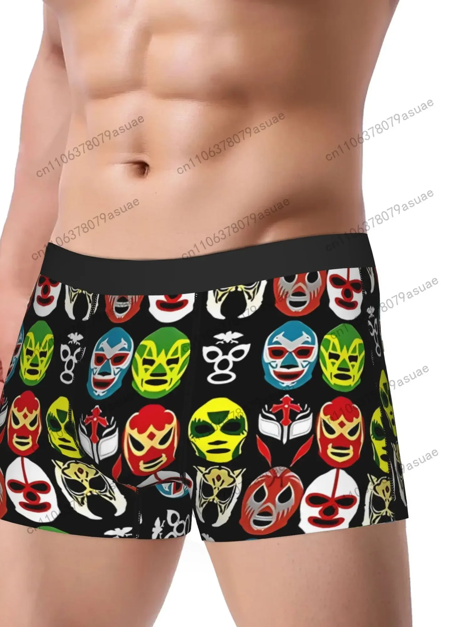 Men'S Lucha Mask Print Boxer Briefs Vibrant Mexican Lucha Libre Face Masks Design, Medium Stretch, Breathable Underwea Black