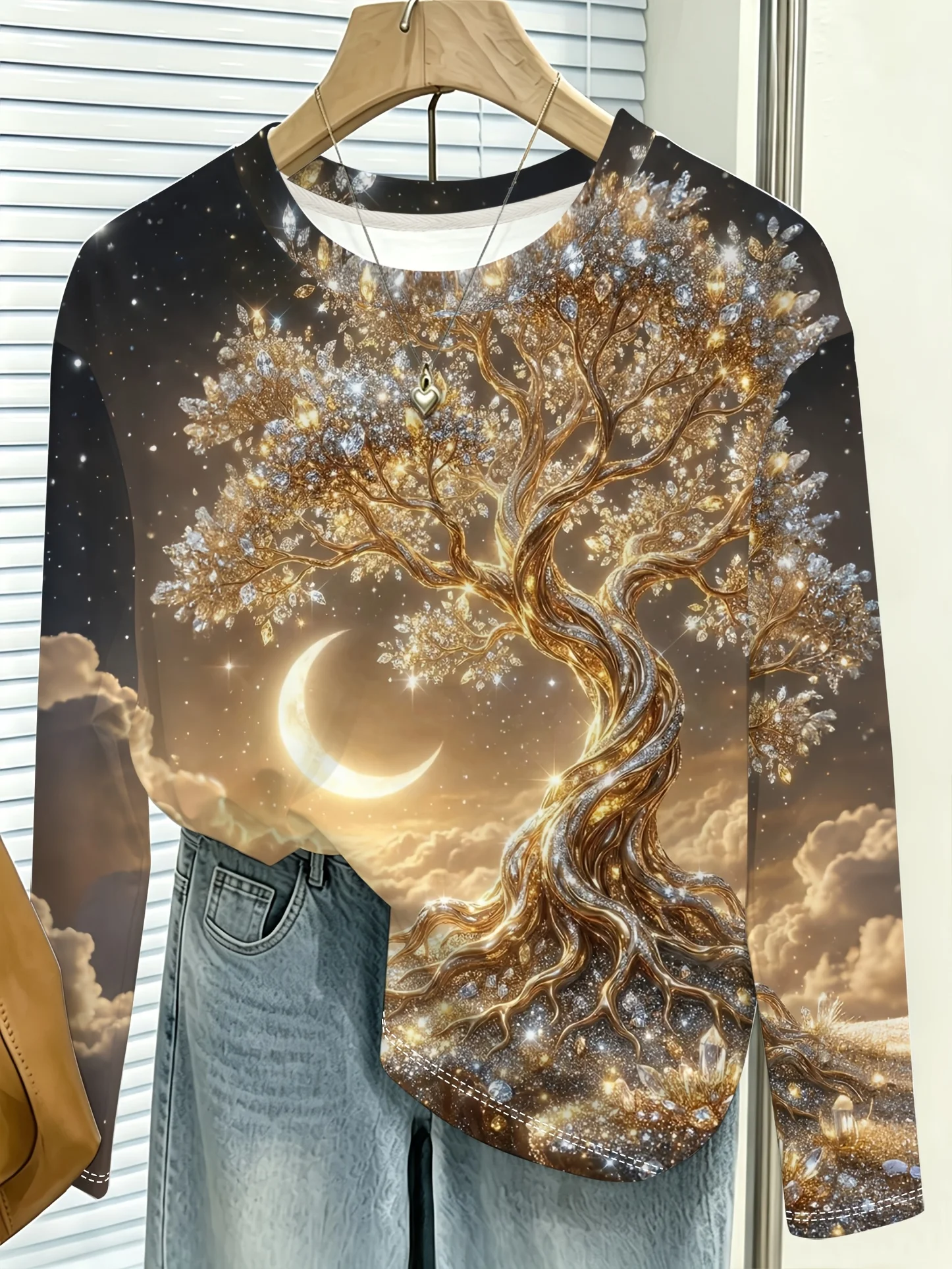 Dreamy Starry Wealth Tree Print Long Sleeve Top Women'S Soft Skin-Friendly Casual Outing Shopping Commute All-Match T-Shirt